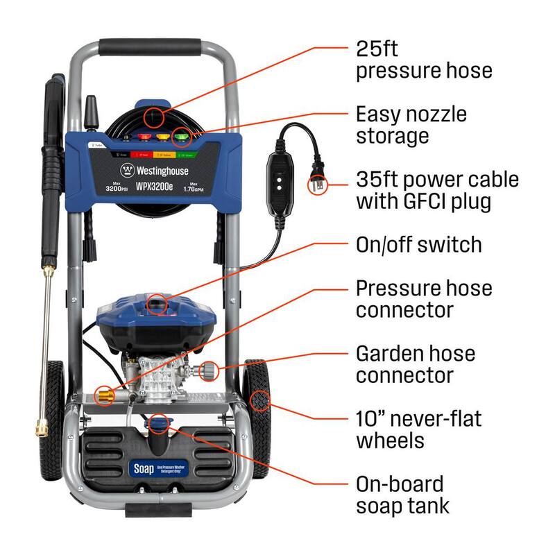 Westinghouse 3200 PSI 1.76 GPM 13 Amp Cold Water Electric Powered Pressure Washer with Turbo Nozzle and 5 Quick Connect Tips - WPX3200e