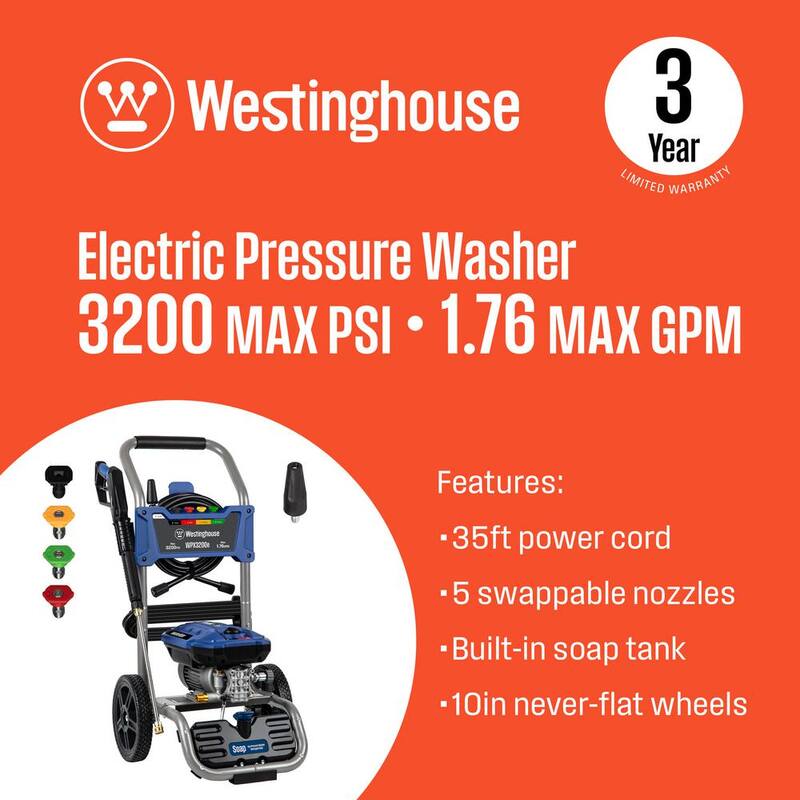 Westinghouse 3200 PSI 1.76 GPM 13 Amp Cold Water Electric Powered Pressure Washer with Turbo Nozzle and 5 Quick Connect Tips - WPX3200e