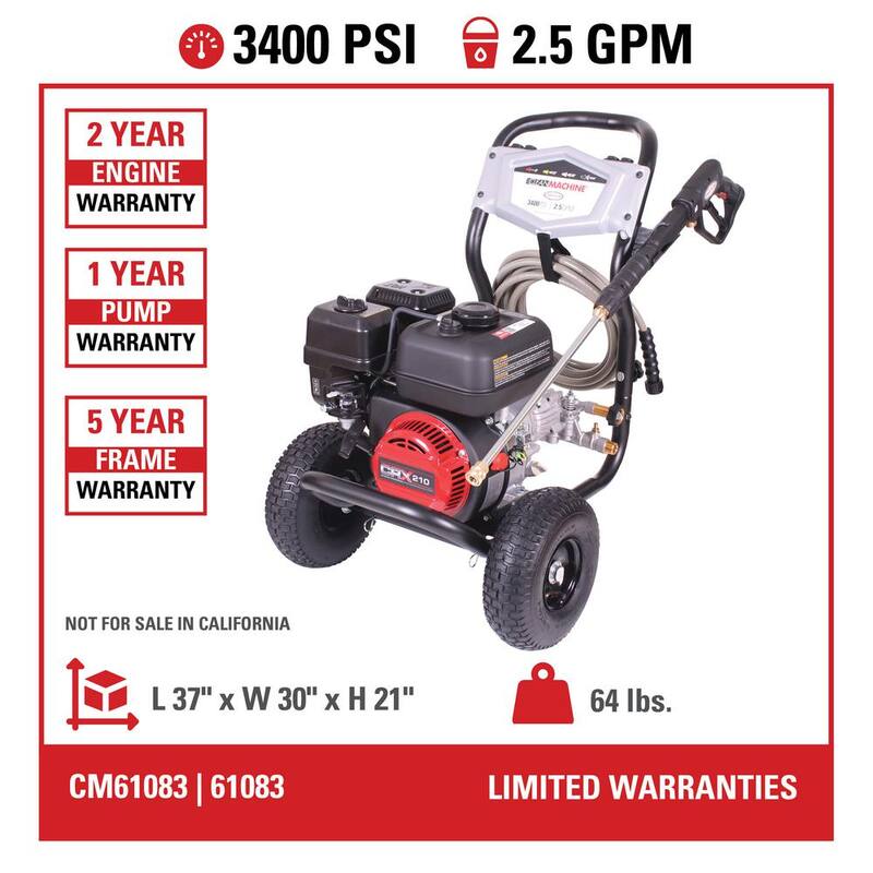 SIMPSON 3400 PSI 2.5 GPM Cold Water Gas Pressure Washer With CRX210 Engine - CM61083