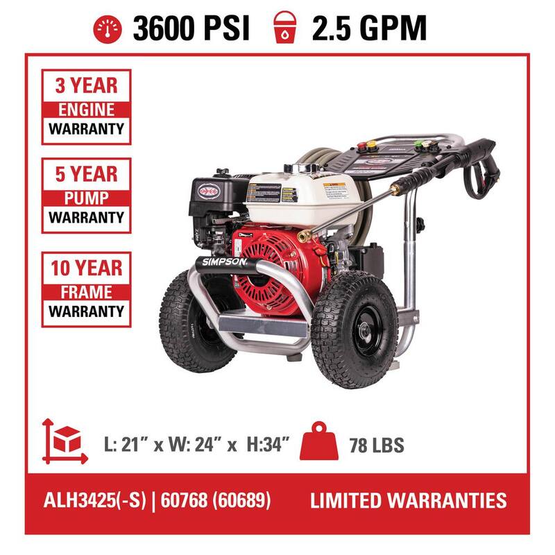 SIMPSON 3600 PSI 2.5 GPM Cold Water Gas Pressure Washer with HONDA GX200 Engine - ALH3425-S
