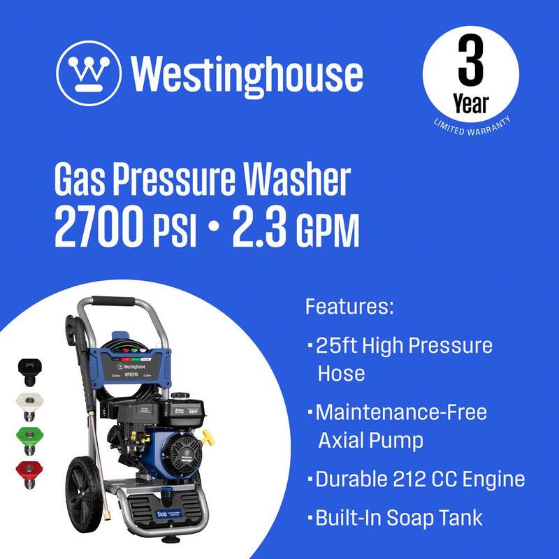 Westinghouse 2700 PSI 2.3 GPM Gas Powered Axial Cam Pump Cold Water Pressure Washer with Soap Tank and 4 Quick Connect Tips - WPX2700