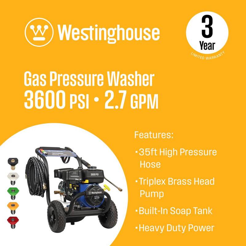 Westinghouse WPX 3600 PSI 2.7 GPM 212 CC Cold Water Gas Powered Triplex Pump Pressure Washer with 5 Quick Connect Nozzles - WPX3600