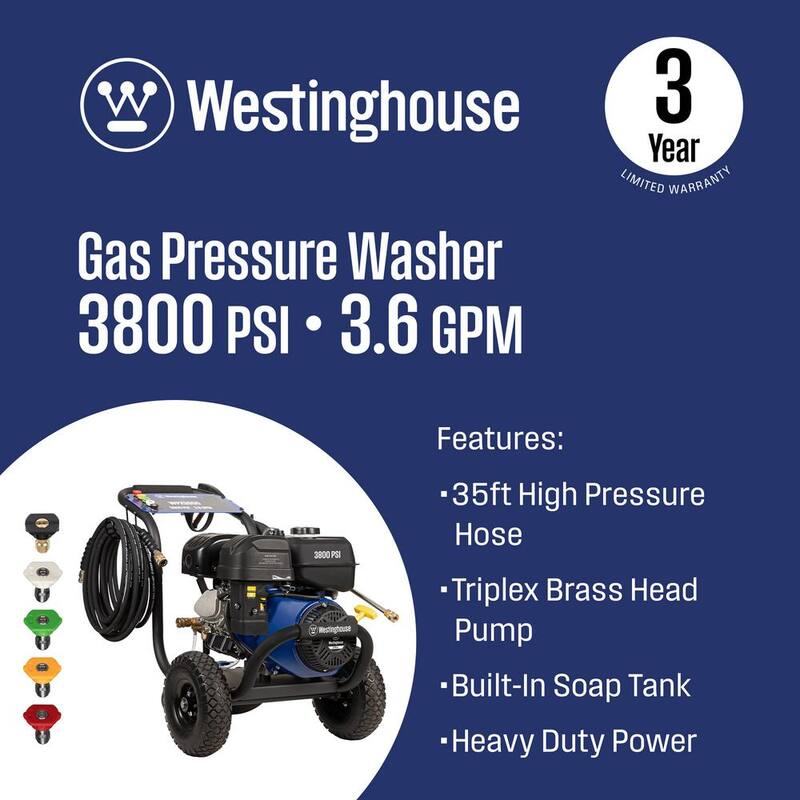 Westinghouse WPX 3800 psi 3.6 GPM 274cc Cold Water Gas Powered Triplex Pump Pressure Washer with 5 Quick Connect Nozzles - WPX3800