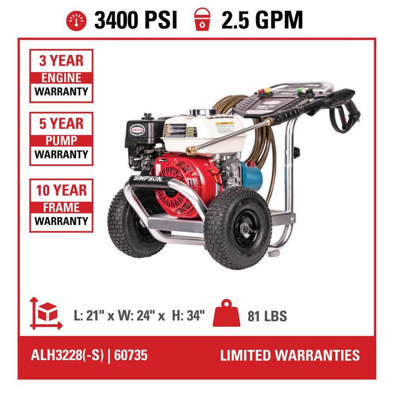 SIMPSON 3400 PSI 2.5 GPM Cold Water Gas Pressure Washer with HONDA GX200 Engine - ALH3228-S