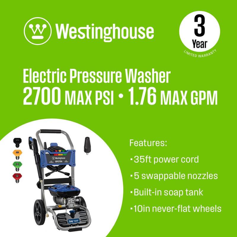 Westinghouse 2700 PSI 1.76 GPM 13 Amp Cold Water Electric Powered Pressure Washer with Turbo Nozzle and 5 Quick Connect Tips - WPX2700e