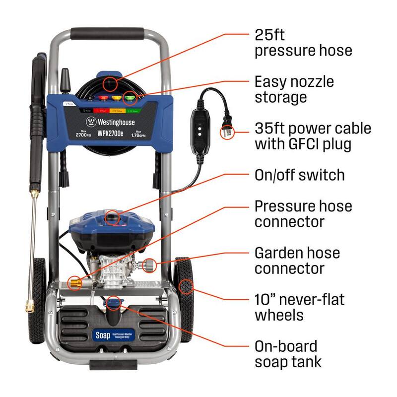 Westinghouse 2700 PSI 1.76 GPM 13 Amp Cold Water Electric Powered Pressure Washer with Turbo Nozzle and 5 Quick Connect Tips - WPX2700e