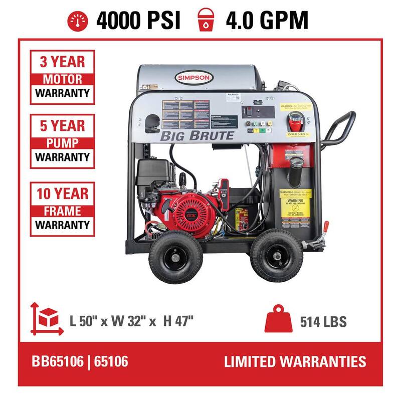 SIMPSON 4000 PSI 4.0 GPM Hot/Cold Water Gas Pressure Washer with HONDA GX390 Engine - 65106