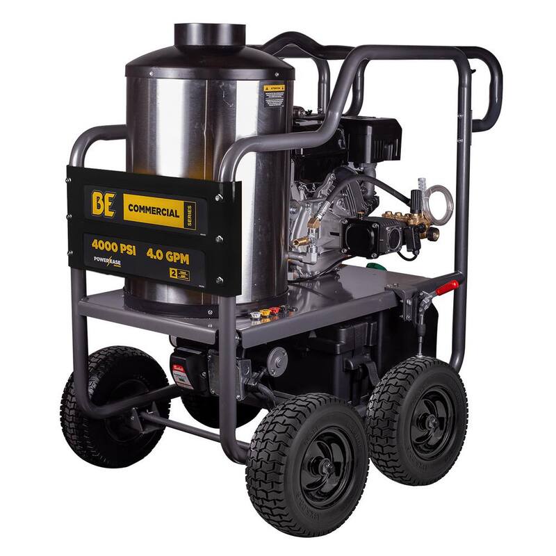BE POWER EQUIPMENT 4000 PSI 4.0 GPM Hot Water Gas Pressure Washer Powerease 420 Engine and AR Triplex Pump Powered Coated Roll Cage - HW4015RA