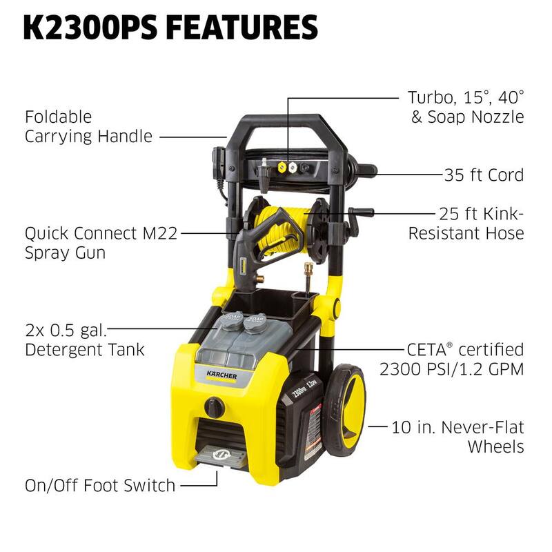 Karcher 2300 PSI 1.2 GPM K2300PS Electric Power Pressure Washer with Turbo, 15-Degree, 40-Degree and Soap Nozzles - 1.106-222.0