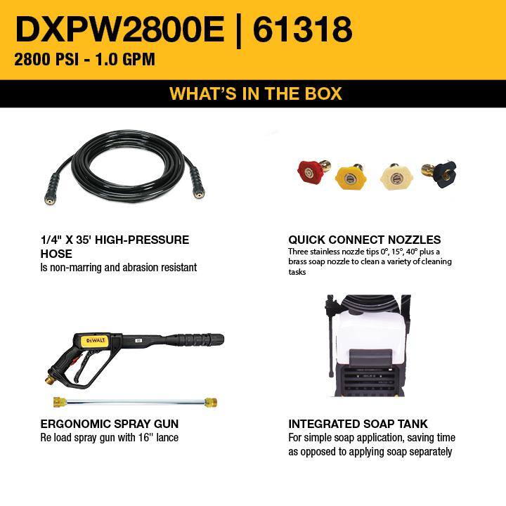 DEWALT 2800 PSI 1.0 GPM Cold Water Electric Pressure Washer w/ Axial Pump - DXPW2800E