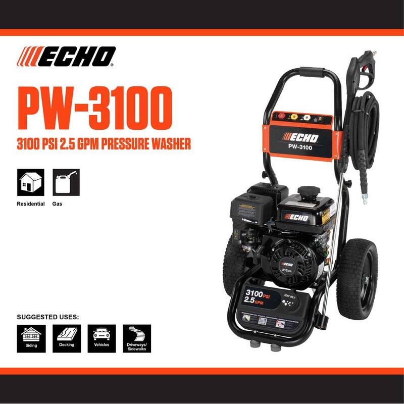 ECHO 3100 PSI 2.5 GPM Gas Cold Water Pressure Washer with 212 cc 4-Stroke Engine and 25 Foot Hose with 4 Included Nozzle Tips - PW-3100