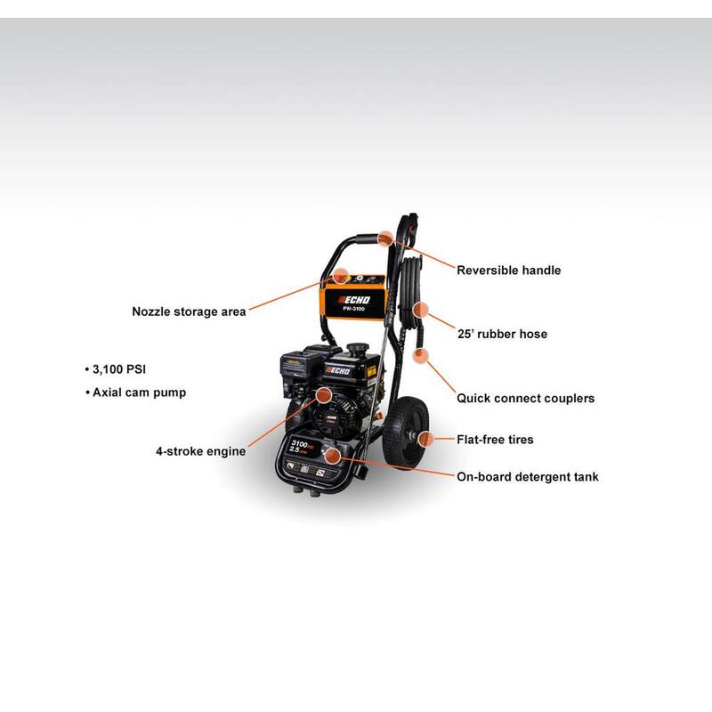 ECHO 3100 PSI 2.5 GPM Gas Cold Water Pressure Washer with 212 cc 4-Stroke Engine and 25 Foot Hose with 4 Included Nozzle Tips - PW-3100