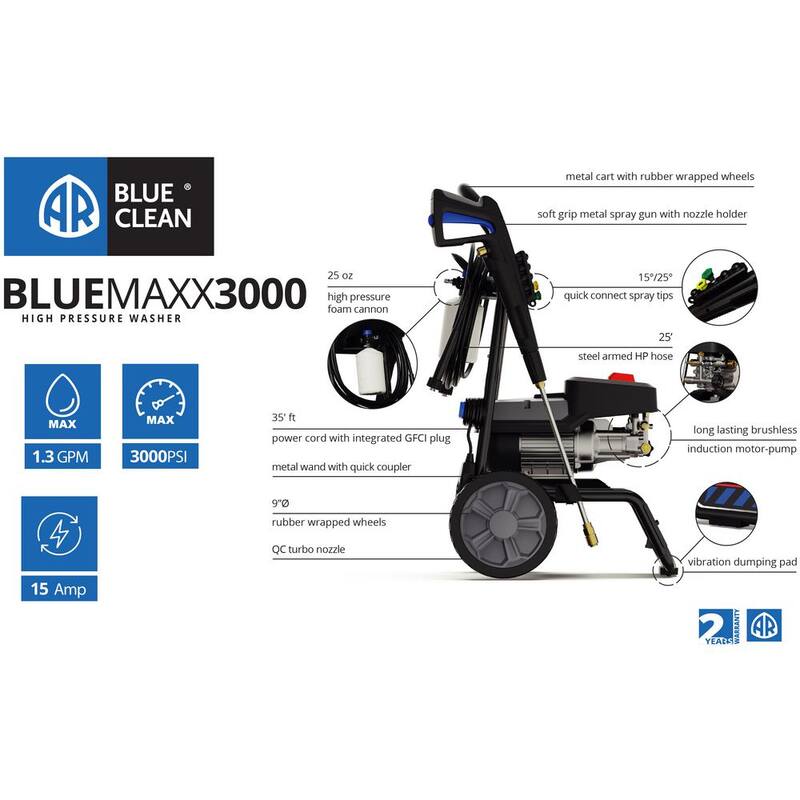 Unbranded AR Blue Clean Maxx3000, 3000 PSI, 1.3 GPM, Electric Induction Motor Pressure Washer - Maxx3000