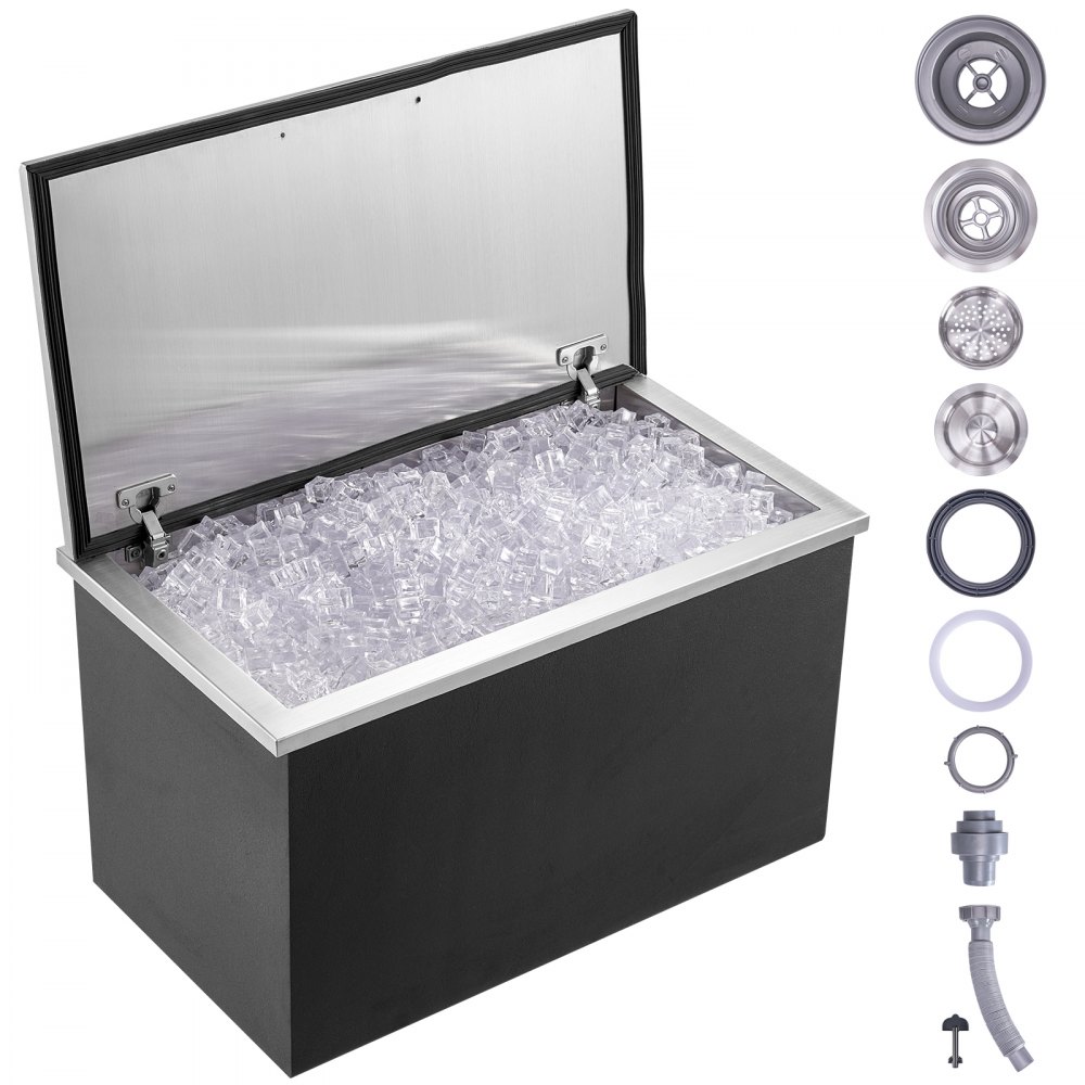 VEVOR Drop in Ice Chest, 24"L x 20"W x 15"H Stainless Steel Ice Cooler, Commercial Ice Bin with Hinged Cover, 40 qt Outdoor Kitchen Ice Bar, Drain-pipe and Drain Plug Included, for Cold Wine Beer - QRSCBCFG20LXN50MQV0
