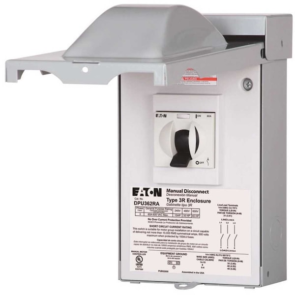 Desconectador de CA trifásico de 60 amperes y 240/480 voltios a prueba de lluvia sin fusible - DPU362RA de Eaton