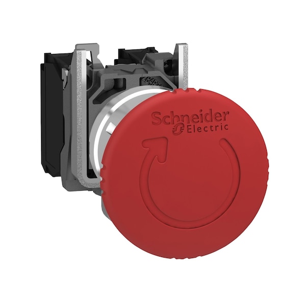 Botón de emergencia Schneider Electric, Harmony XB4, metal, color rojo, botón de seta de 40mm, 22mm, giratorio para liberar la traba, 2 contactos normalmente cerrados + 1 contacto normalmente abierto - XB4BS84441