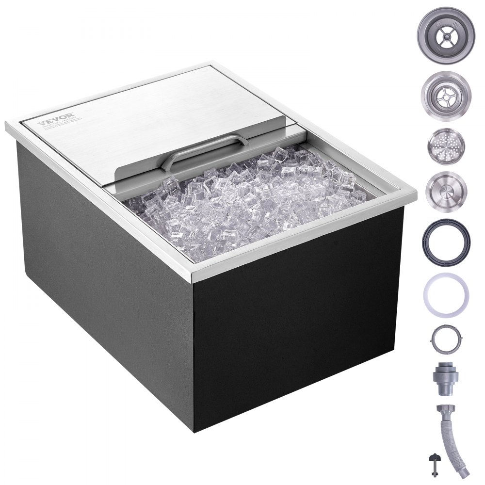 VEVOR Drop in Ice Chest, 24"L x 18"W x 13"H Stainless Steel Ice Cooler, Commercial Ice Bin with Sliding Cover, 40.9 qt Outdoor Kitchen Ice Bar, Drain-pipe and Drain Plug Included, for Cold Wine Beer - QRSCBCHG24LXMG0KCV0