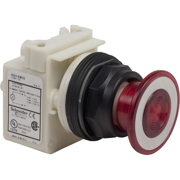 Cabeza de botón pulsador iluminado Square D, Harmony 9001SK, plástico, hongo de 41mm, rojo, 30mm, 2 posiciones, empuje-tiro, 24-28V - 9001SKR9P35R