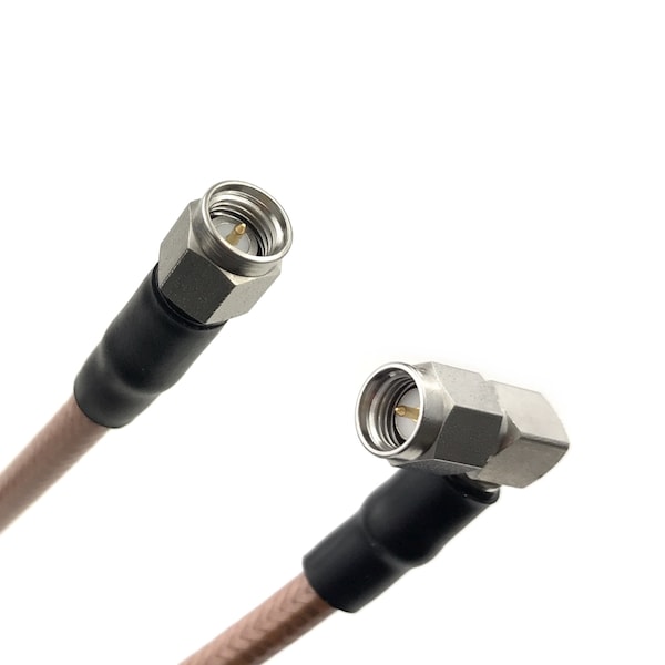 Ensamblaje de cable RG-400 Coax con conectores SMA (macho) a SMA (macho RA), Impedancia de 50 Ohmios, Longitud de 20FT - R-CX-1001-240