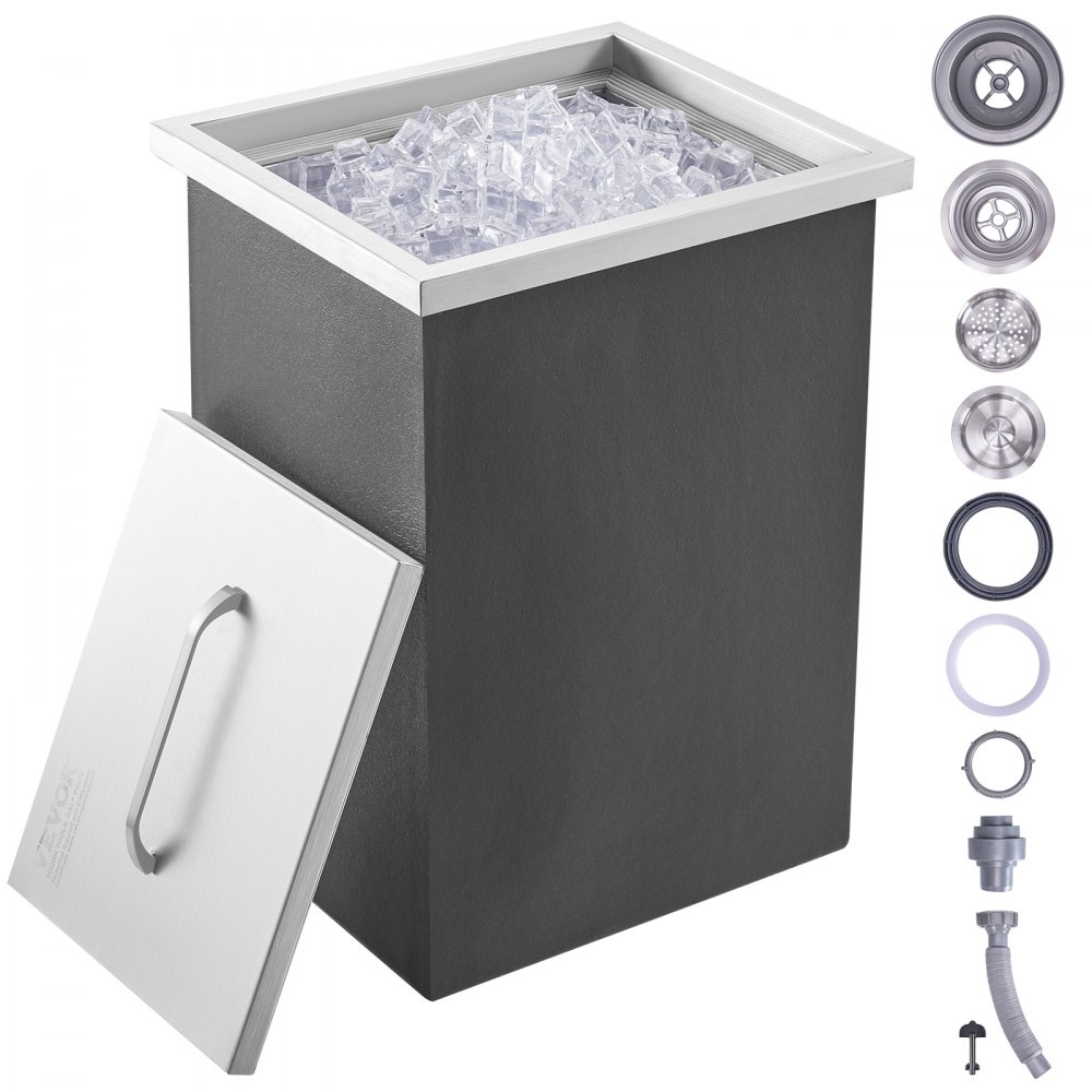 VEVOR Drop in Ice Chest, 14"L x 12"W x 18"H Stainless Steel Ice Cooler, Commercial Ice Bin with Cover, 40 qt Outdoor Kitchen Ice Bar, Drain-pipe and Drain Plug Included, for Cold Wine Beer - QRSCBC14LX12GKFNFV0