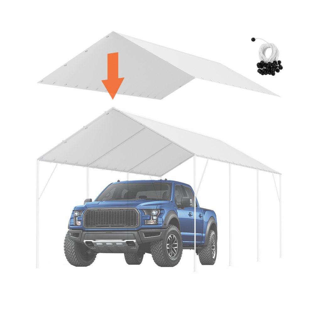 VEVOR 10 x 20 ft Carport Replacement Canopy Cover, Garage Top Tent Shelter Tarp Heavy-Duty Waterproof & UV Protected, Easy Installation with 40 Ball Bungeess (Only Top Cover, Frame Not Include), White - CKPB10X20FTB3Z2RRV0