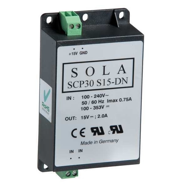 Solahd DC Power Supply, 85/264V AC, 15V DC, 30W, 2A, DIN Rail/Chassis - SCP30S15DN
