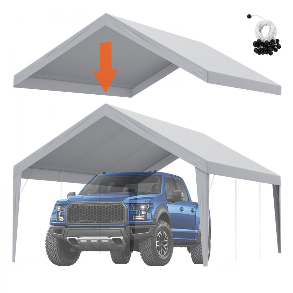 VEVOR Carport Replacement Canopy Cover 13 x 20 ft, Garage Top Tent Shelter Tarp Heavy-Duty Waterproof & UV Protected, Easy Installation with Ball Bungees,Grey (Only Top Cover, Frame Not Include) - CKPB13X20FTH5KUZ0V0