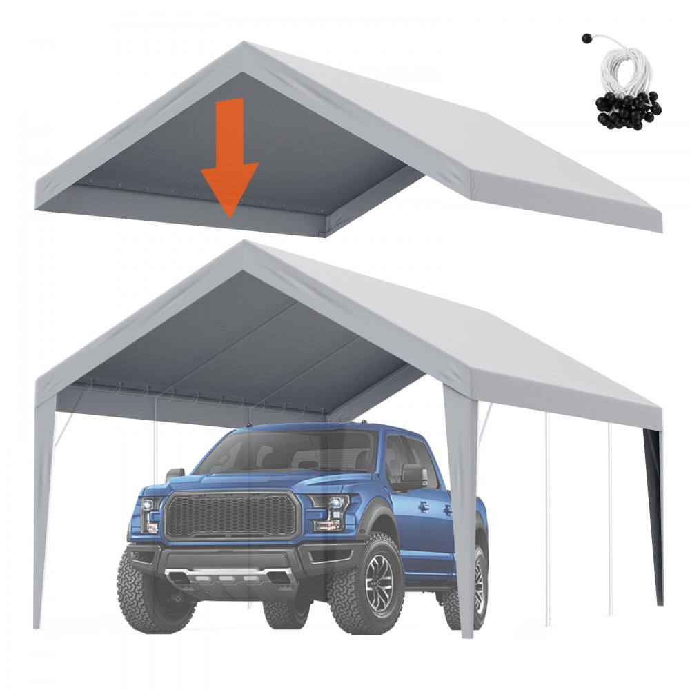 VEVOR Carport Replacement Canopy Cover 12 x 20 ft, Garage Top Tent Shelter Tarp Heavy-Duty Waterproof & UV Protected, Easy Installation with Ball Bungees,Grey (Only Top Cover, Frame Not Include) - CKPB12X20FTH7X9QGV0