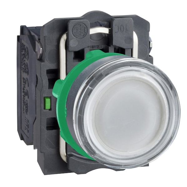 Botón de presión iluminado Schneider Electric, Harmony XB5, plástico, blanco empotrado, 22mm, LED universal, lente lisa, 1NO + 1NC, 24V CA CC - XB5AW31B5.