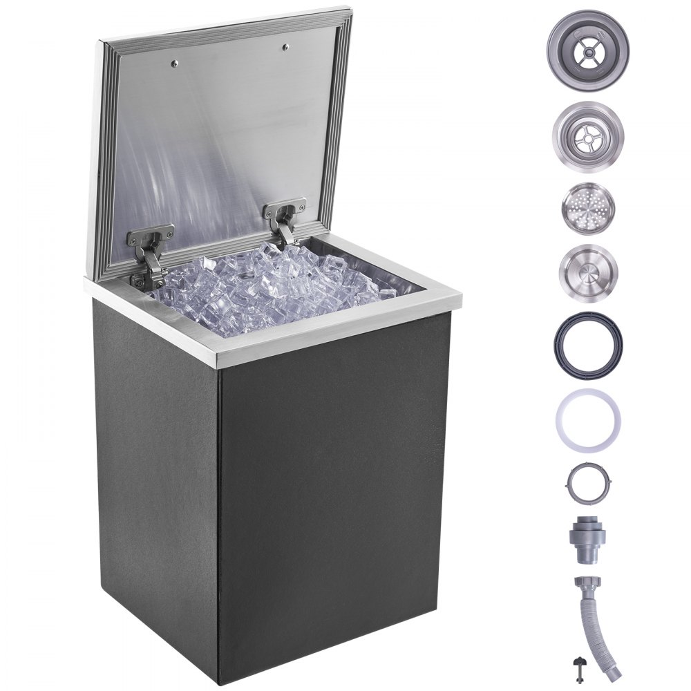 VEVOR Drop in Ice Chest, 14"L x 12"W x 18"H Stainless Steel Ice Cooler, Commercial Ice Bin with Hinged Cover, 40 qt Outdoor Kitchen Ice Bar, Drain-pipe and Drain Plug Included, for Cold Wine Beer - QRSCBC14LX12BI5H8V0