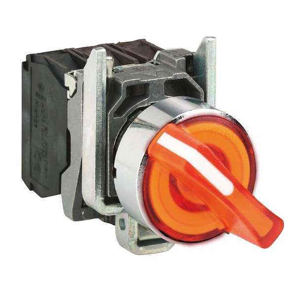 Interruptor selector iluminado Schneider Electric, Harmony XB4, metal, mango naranja, 22mm, LED universal, 2 posiciones, 1NA + 1NC, 110...120V AC - XB4BK125G5.