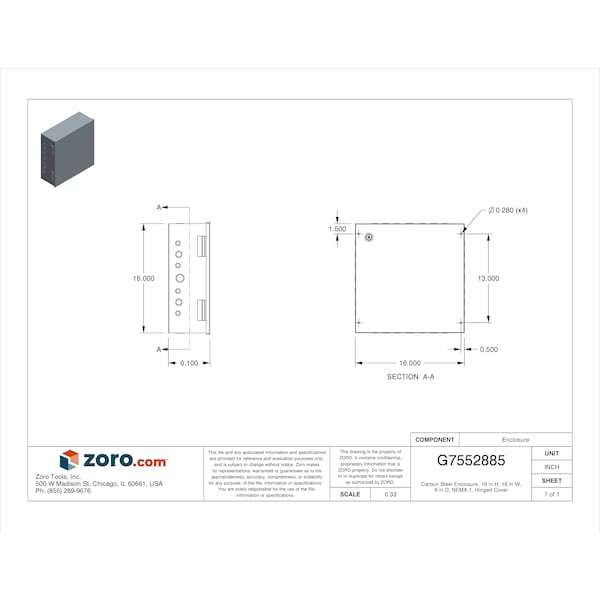 Nvent Hoffman Carbon Steel Electrical Enclosures, 16 in H, 6 in D, 16 in W, NEMA 1, Hinged - AHE16X16X6