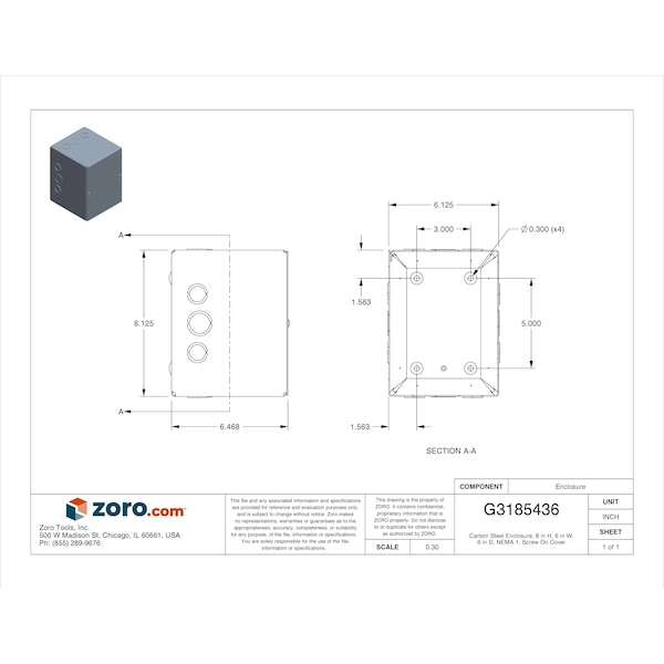 Wiegmann Carbon Steel Electrical Enclosures, 8 in H, 6 in D, 6 in W, NEMA 1, Screw On - SC060806