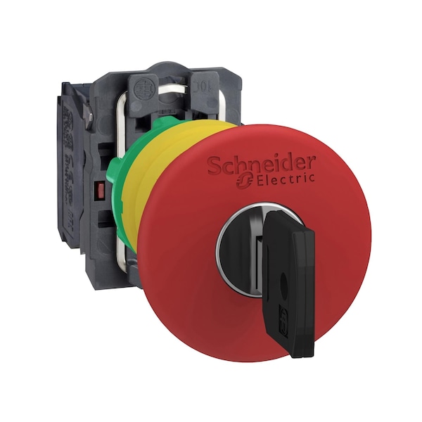Schneider Electric Interruptor de parada de emergencia, Harmony XB5, plástico, seta roja de 40mm, liberación de llave de disparo de 22mm, 1NC - XB5AS9442