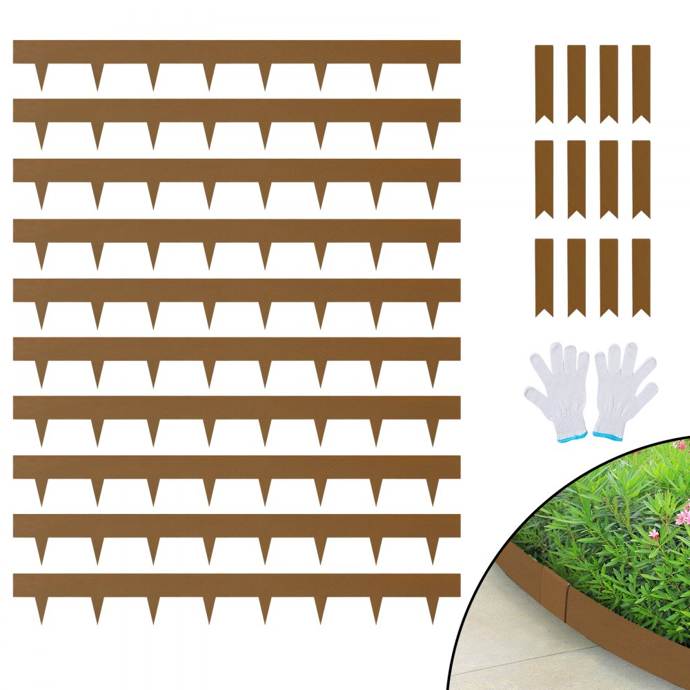 VEVOR Steel Landscape Edging, 10-pack Steel Garden Edging Borders, 39.6" L x 2" H Strips, Hammer-in Edging Border, Bendable Metal Landscape Edging for Yard, Garden, 2.5" Spike Height, Rustic Brown - CPPZ45INCH33L0JNFV0