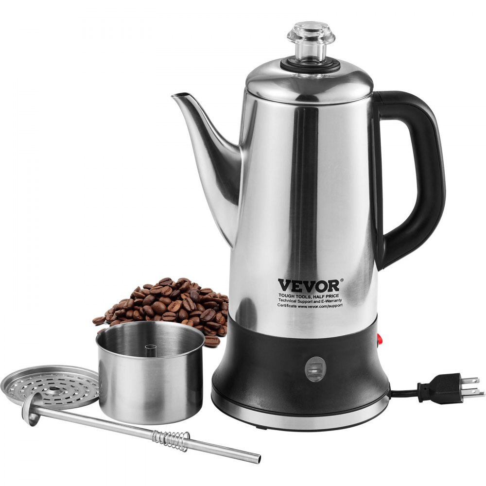 VEVOR 12-Cup Electric Percolator Coffee Pot, 304 Stainless Steel Coffee Percolator with Keep Warm Function & Heat-Resistant Handle, Classic Coffee Maker, Quick Brew & Easy-Pour Spout, Silver - DDGLKFHBXG18KX4BAV1