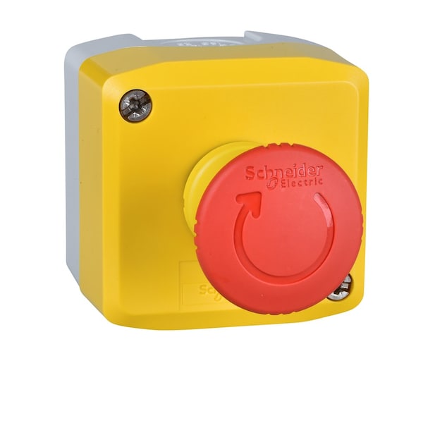 Estación de control Schneider Electric, Harmony XALD, XALK, plástico, amarillo, 1 botón de empuje de seta roja de 40mm, paro de emergencia giratorio para liberar, 1NA + 1NC, sin marcar - XALK178E