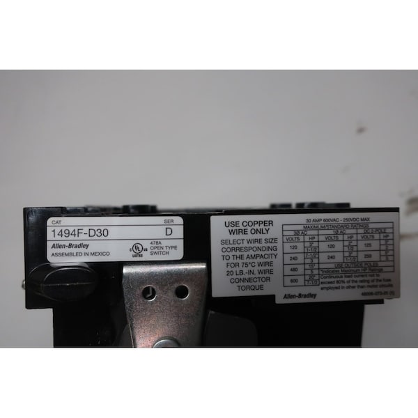 Interruptor de desconexión NO FUSIBLE de Allen Bradley de 3P 30A AMP 600V-AC - 1494F-D30.