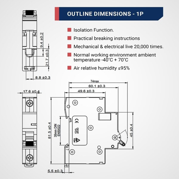 Automation Systems Interconnect 20 Amp Standard 18mm MCB, 1 Pole, UL1077, B Trip Curve, 12PK - NDB2-63B20-1
