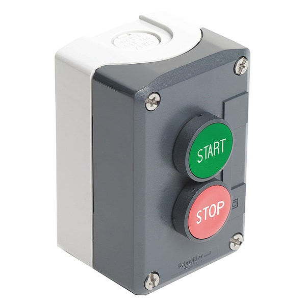 Estación de control completa de Schneider Electric, Harmony XALD, XALK, color gris oscuro, botones de presión empotrables de 22mm, botón verde de encendido 1NA rojo de paro 1NC, retorno por resorte - XALD215H7