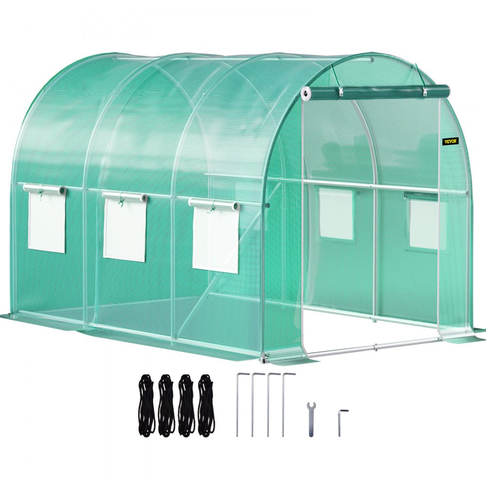 VEVOR Walk-in Tunnel Greenhouse, 9.8 x 6.6 x 6.6 ft Portable Plant Hot House w/ Galvanized Steel Hoops, 1 Top Beam, Diagonal Poles, Zippered Door & 6 Roll-up Windows, Green - YDSDWSL1077FTKHD5V0