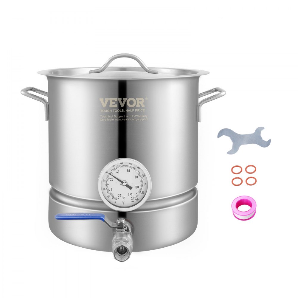 VEVOR Stainless Steel Kettle, 5 GALLON Brewing Pot, Tri Ply Bottom for Beer, Brew Kettle Pot for Beer Brewing, Home Brewing Supplies Includes Lid, Handle, Thermometer, Ball Valve Spigot - DWDJQFNJH10JGPHDIV0