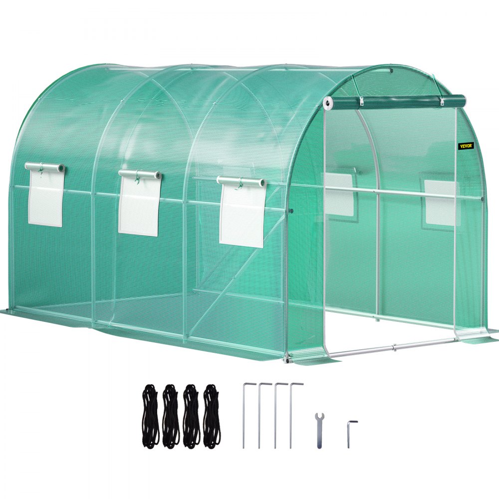 VEVOR Walk-in Tunnel Greenhouse, 12 x 7 x 7 ft Portable Plant Hot House w/ Galvanized Steel Hoops, 1 Top Beam, Diagonal Poles, Zippered Door & 6 Roll-up Windows, Green - YDSDWSL1277FTLT3OV0