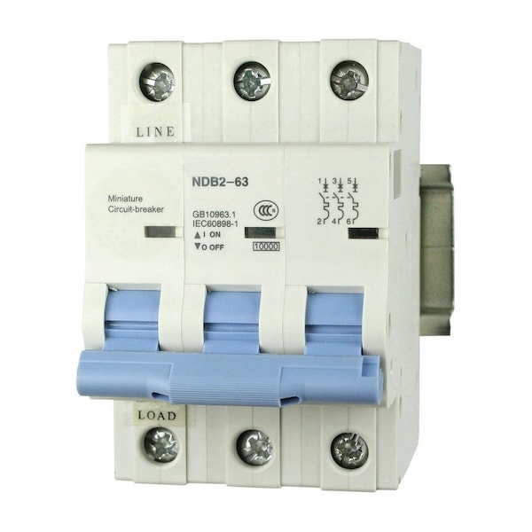 Automation Systems Interconnect 63 Amp Miniature Circuit Breaker, DIN Rail Mount, 3 Pole, 240 Vac, 60 Vdc, D Trip Curve, 4PK - NDB2-63D63-3