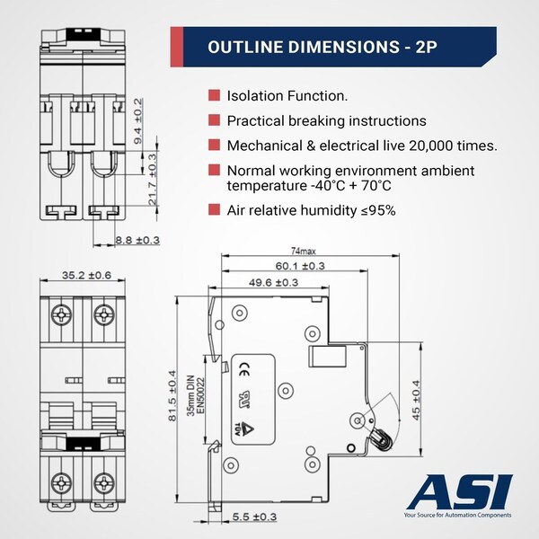 Automation Systems Interconnect Miniature Circuit Breaker, 2 Pole, 16 Amp, 240 Vac, 60 Vdc, C Trip Curve, Ul1077, DIN Rail Mounted - NDB2-63C16-2