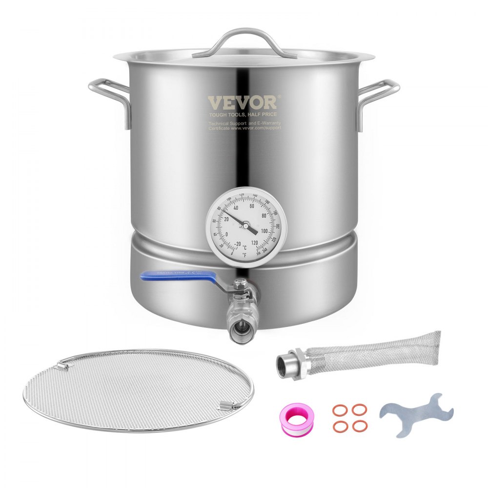 VEVOR Stainless Steel Kettle, 5 GALLON Brewing Pot, Tri Ply Bottom for Beer, Brew Kettle Pot, Home Brewing Supplies Includes Lid, Handle, Thermometer, Ball Valve Spigot, Filter, Filter Tray - DWDJQFNJH5JLT2KMJV0