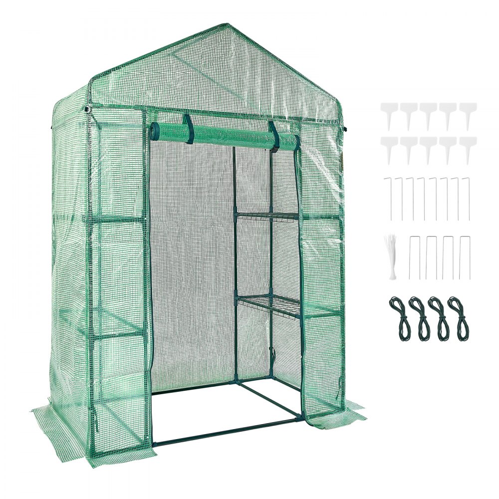 VEVOR Walk-in Green House, 4.6 x 2.4 x 6.7 ft, Greenhouse with Shelves, High Strength PE Cover with Doors, Windows and Steel Frame, Set Up in Minutes, for Planting and Storage - ZXJZWSFMTCGLSKFP5V0