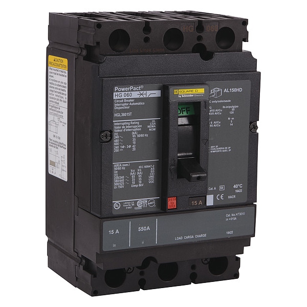 Square D Molded Case Circuit Breaker, HJL Series, 15A, 3 Pole, 600V AC, 100kA at 240V AC - HJL36015