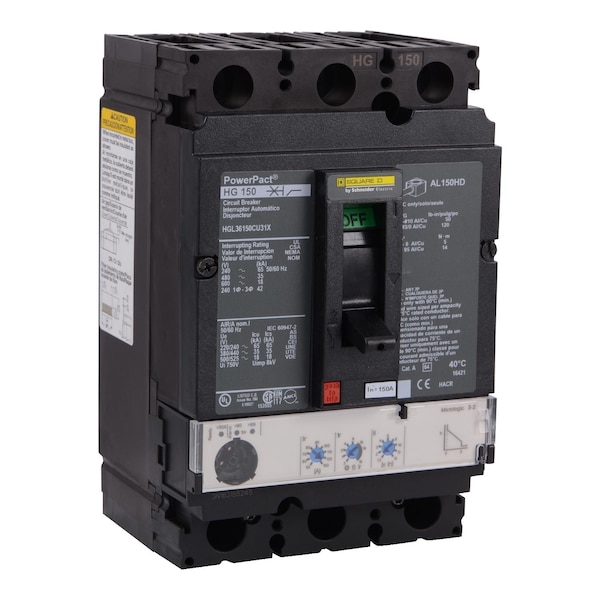 Square D Molded Case Circuit Breaker, HGL Series, 150A, 3 Pole, 600V AC, 65kA at 240V AC - HGL36150CU31X