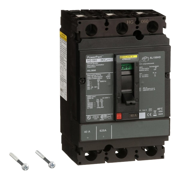 Square D Molded Case Circuit Breaker, HJL Series, 40A, 3 Pole, 600V AC, 100kA at 240V AC - HJL36040